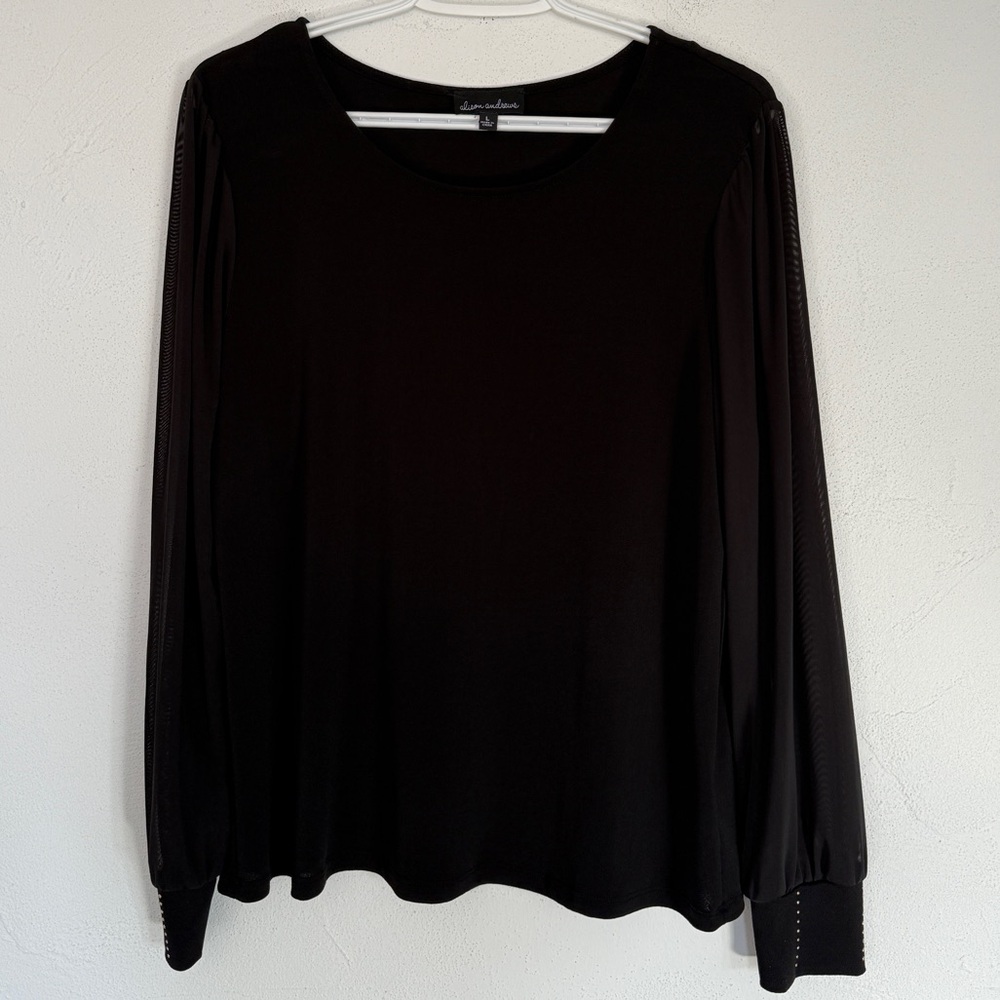 Black Long Sleeve (see through) Top with studded rhinestone detail